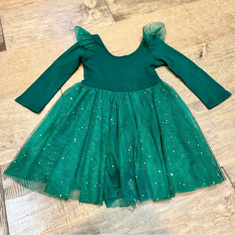 EleStory Girls Mistletoe Ballerina Dress Green Size 12-18 M EUC Stars Tulle